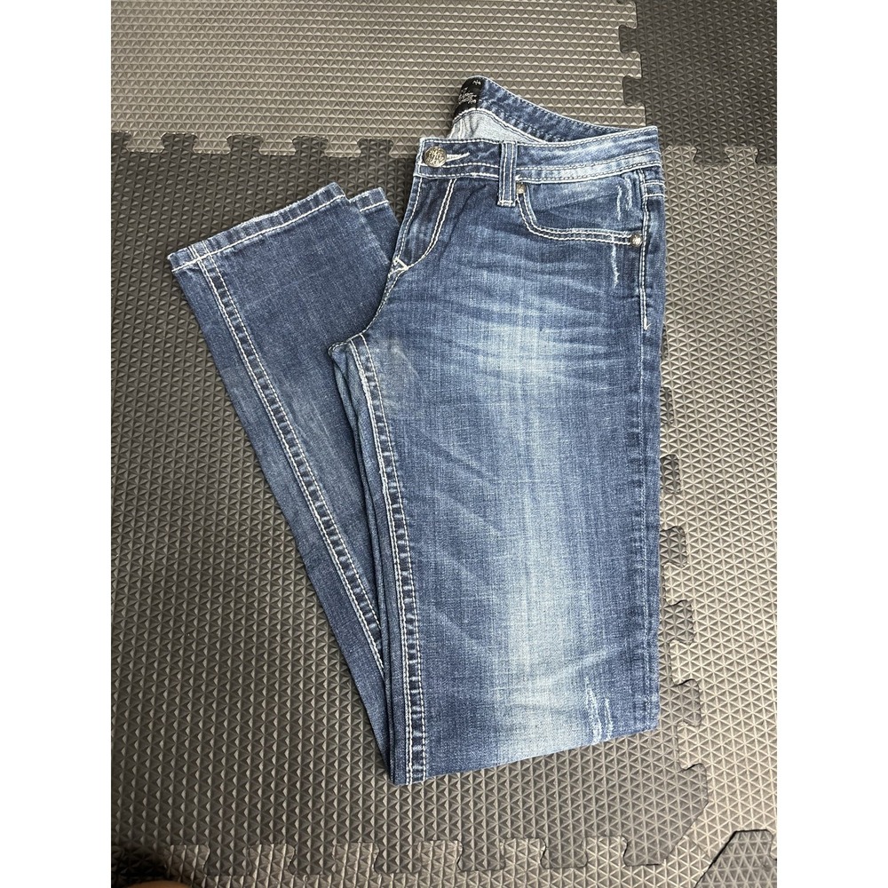 B.ROCK FOR EXPRESS Women's Size 8R Dark Wash Distressed Embroidered Bootcut
